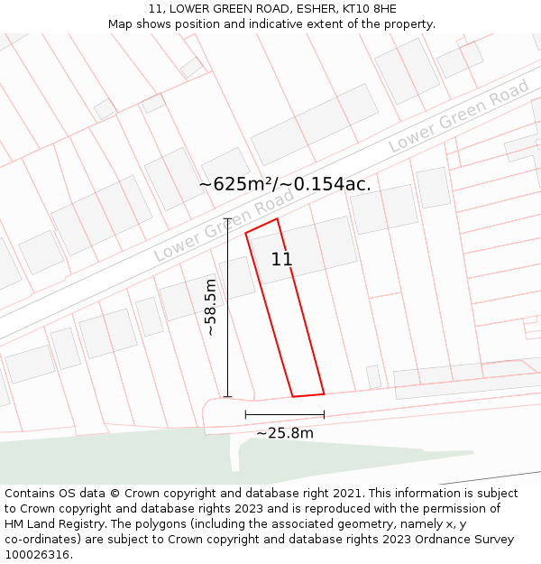 11, LOWER GREEN ROAD, ESHER, KT10 8HE: Plot and title map