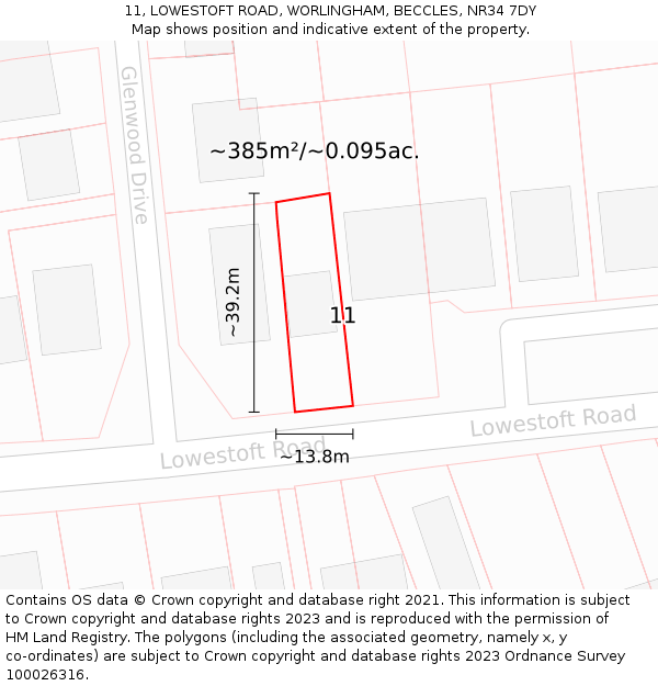 11, LOWESTOFT ROAD, WORLINGHAM, BECCLES, NR34 7DY: Plot and title map