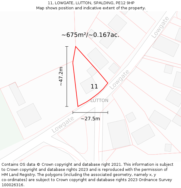 11, LOWGATE, LUTTON, SPALDING, PE12 9HP: Plot and title map