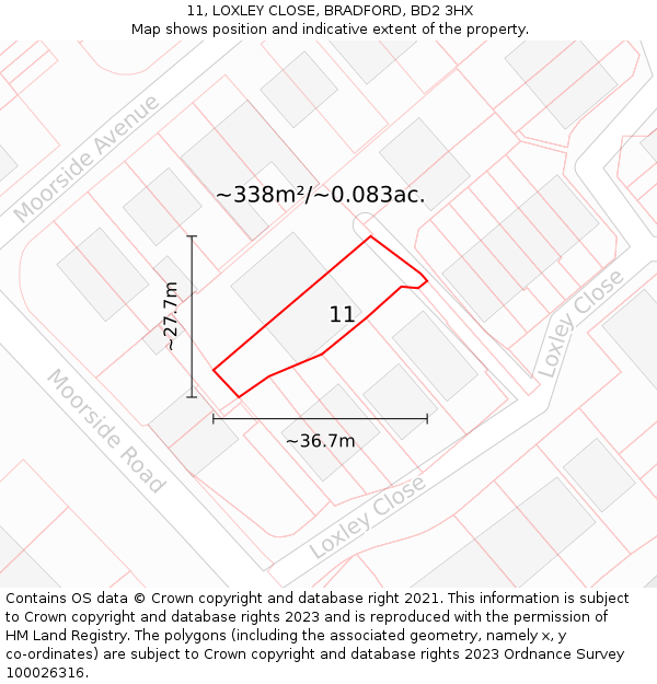 11, LOXLEY CLOSE, BRADFORD, BD2 3HX: Plot and title map