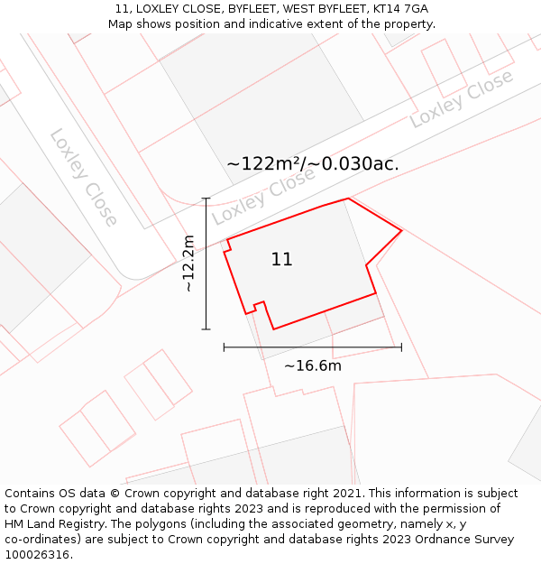 11, LOXLEY CLOSE, BYFLEET, WEST BYFLEET, KT14 7GA: Plot and title map