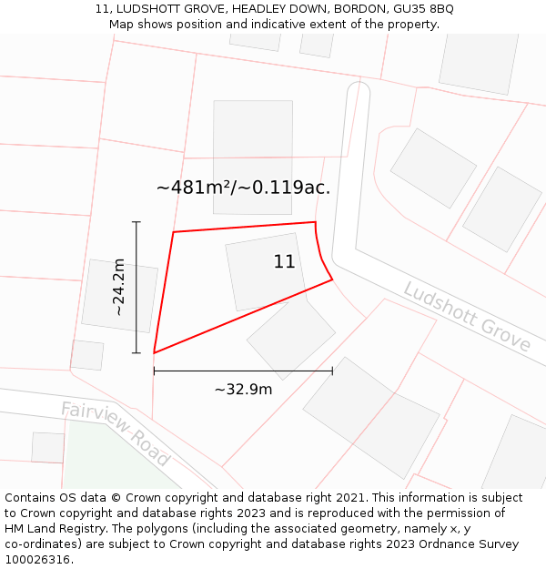 11, LUDSHOTT GROVE, HEADLEY DOWN, BORDON, GU35 8BQ: Plot and title map