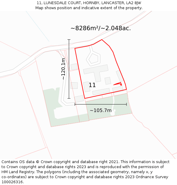 11, LUNESDALE COURT, HORNBY, LANCASTER, LA2 8JW: Plot and title map