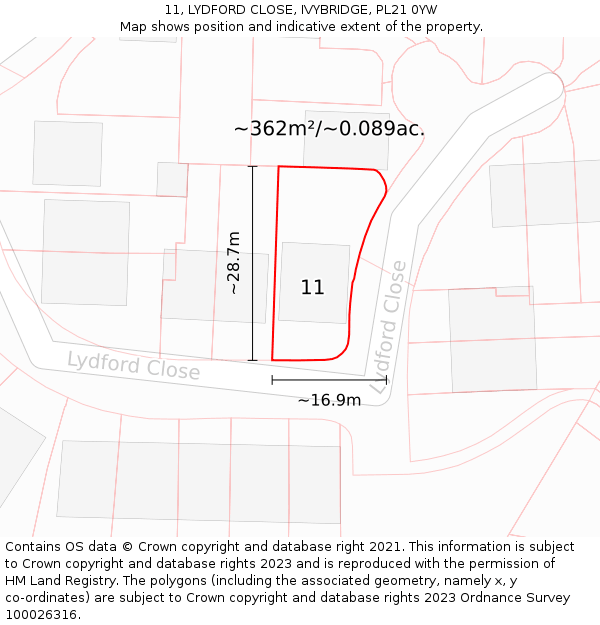 11, LYDFORD CLOSE, IVYBRIDGE, PL21 0YW: Plot and title map
