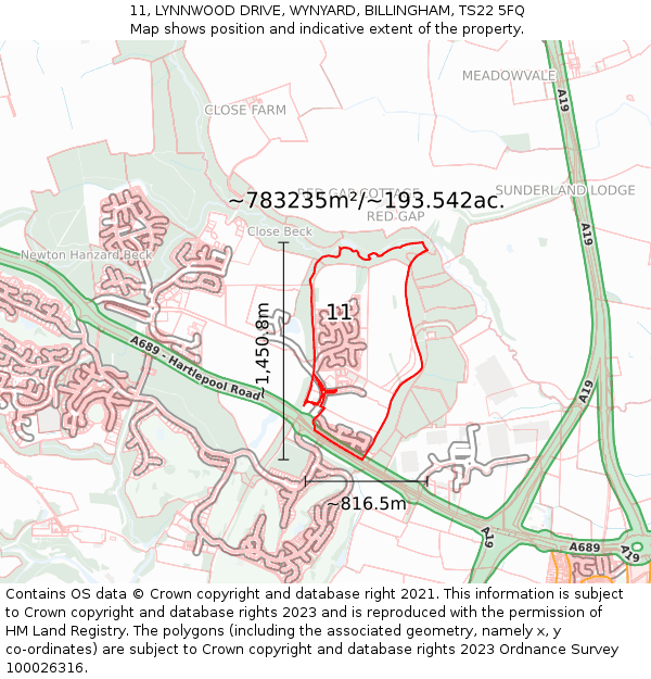 11, LYNNWOOD DRIVE, WYNYARD, BILLINGHAM, TS22 5FQ: Plot and title map