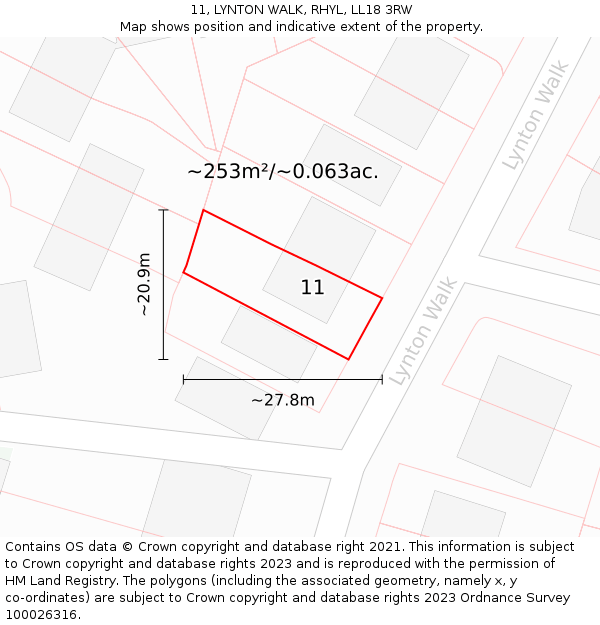 11, LYNTON WALK, RHYL, LL18 3RW: Plot and title map