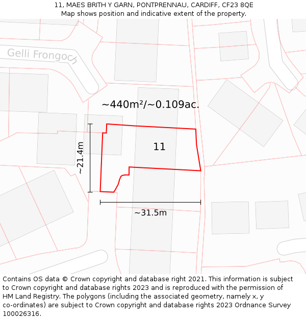 11, MAES BRITH Y GARN, PONTPRENNAU, CARDIFF, CF23 8QE: Plot and title map