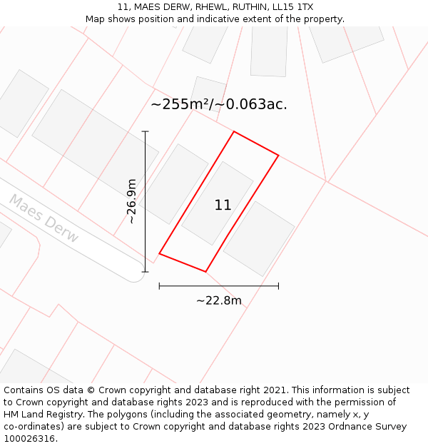 11, MAES DERW, RHEWL, RUTHIN, LL15 1TX: Plot and title map