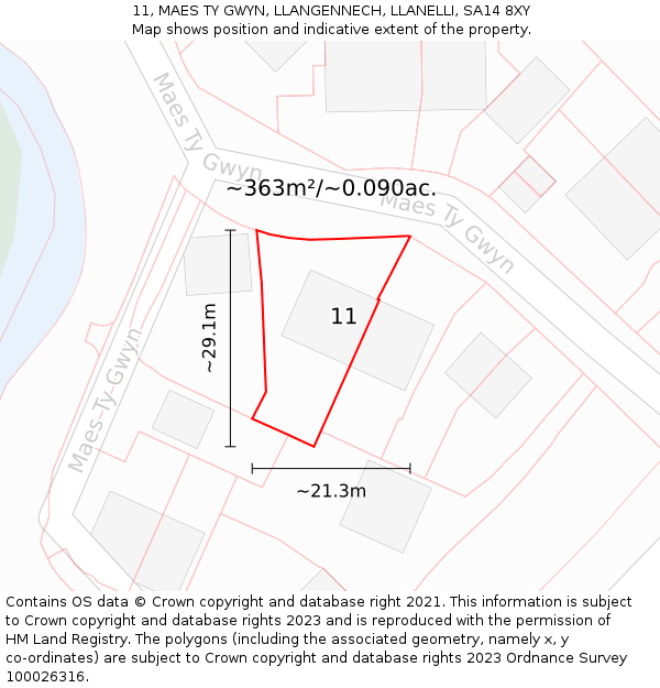 11, MAES TY GWYN, LLANGENNECH, LLANELLI, SA14 8XY: Plot and title map