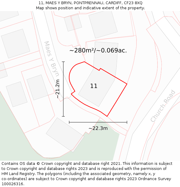 11, MAES Y BRYN, PONTPRENNAU, CARDIFF, CF23 8XQ: Plot and title map