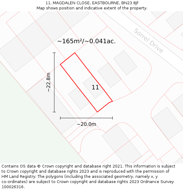 11, MAGDALEN CLOSE, EASTBOURNE, BN23 8JF: Plot and title map