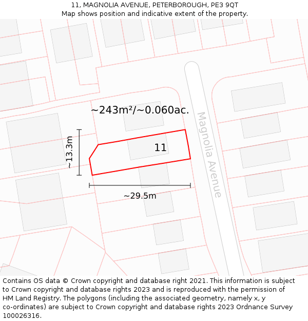 11, MAGNOLIA AVENUE, PETERBOROUGH, PE3 9QT: Plot and title map