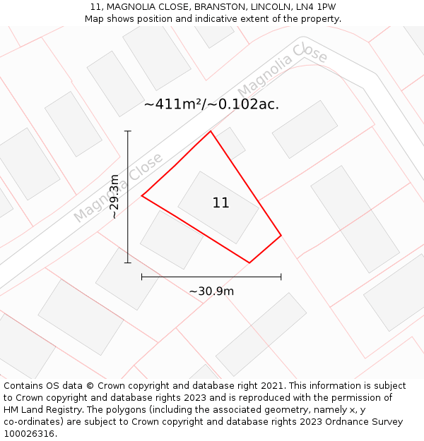 11, MAGNOLIA CLOSE, BRANSTON, LINCOLN, LN4 1PW: Plot and title map