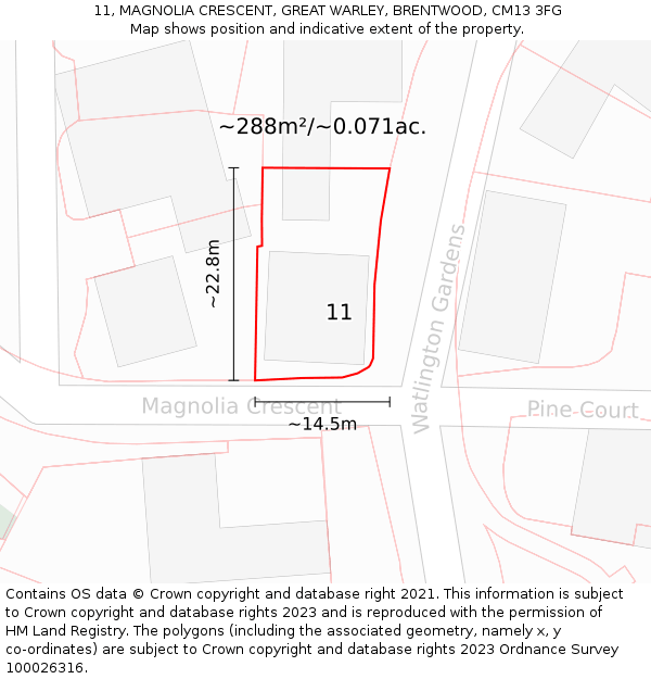11, MAGNOLIA CRESCENT, GREAT WARLEY, BRENTWOOD, CM13 3FG: Plot and title map