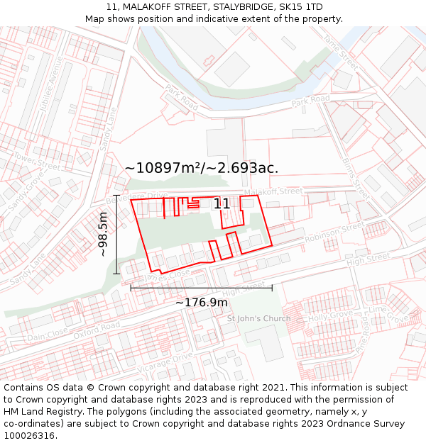 11, MALAKOFF STREET, STALYBRIDGE, SK15 1TD: Plot and title map