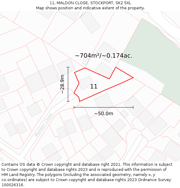 11, MALDON CLOSE, STOCKPORT, SK2 5XL: Plot and title map