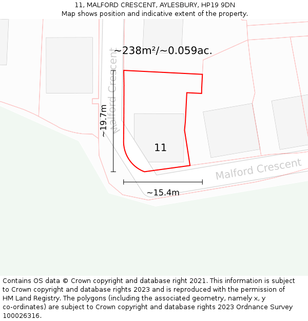 11, MALFORD CRESCENT, AYLESBURY, HP19 9DN: Plot and title map