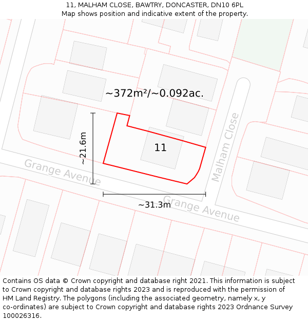 11, MALHAM CLOSE, BAWTRY, DONCASTER, DN10 6PL: Plot and title map