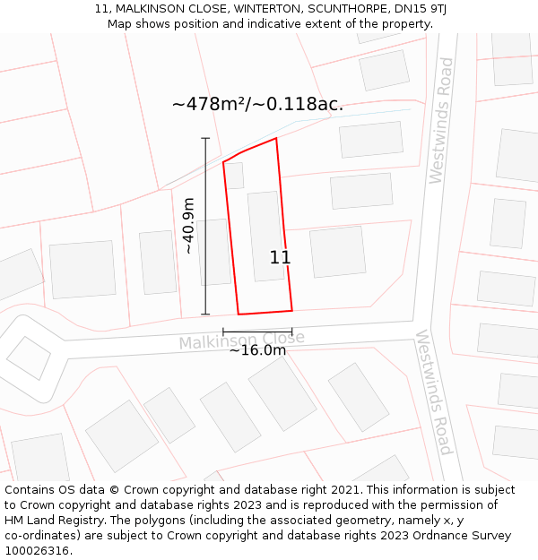 11, MALKINSON CLOSE, WINTERTON, SCUNTHORPE, DN15 9TJ: Plot and title map