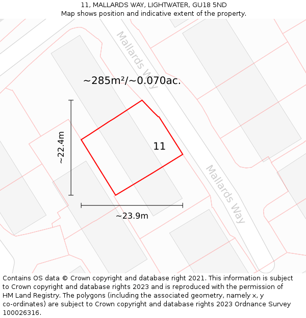 11, MALLARDS WAY, LIGHTWATER, GU18 5ND: Plot and title map