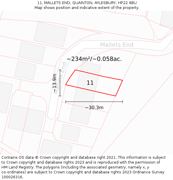 11, MALLETS END, QUAINTON, AYLESBURY, HP22 4BU: Plot and title map