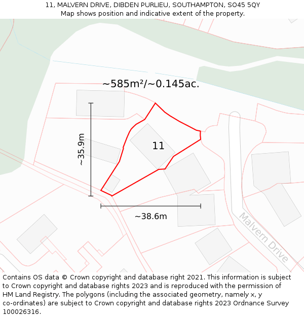 11, MALVERN DRIVE, DIBDEN PURLIEU, SOUTHAMPTON, SO45 5QY: Plot and title map