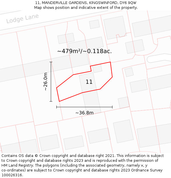 11, MANDERVILLE GARDENS, KINGSWINFORD, DY6 9QW: Plot and title map