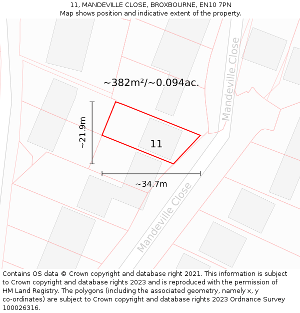 11, MANDEVILLE CLOSE, BROXBOURNE, EN10 7PN: Plot and title map