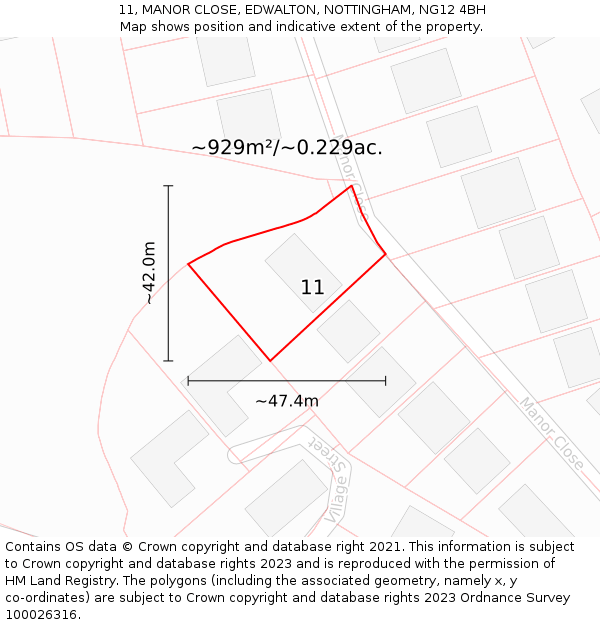 11, MANOR CLOSE, EDWALTON, NOTTINGHAM, NG12 4BH: Plot and title map