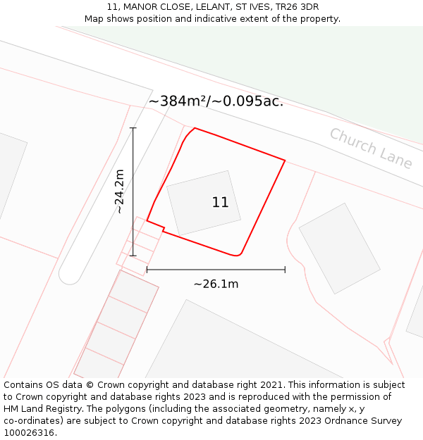 11, MANOR CLOSE, LELANT, ST IVES, TR26 3DR: Plot and title map