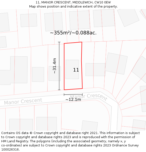 11, MANOR CRESCENT, MIDDLEWICH, CW10 0EW: Plot and title map