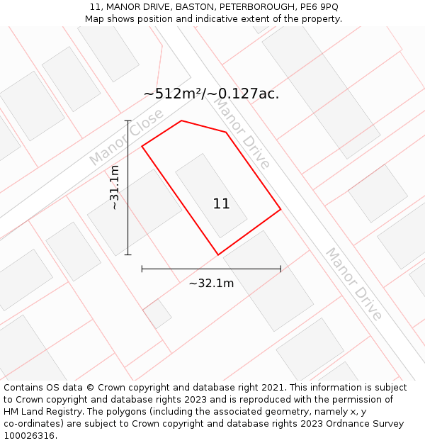 11, MANOR DRIVE, BASTON, PETERBOROUGH, PE6 9PQ: Plot and title map