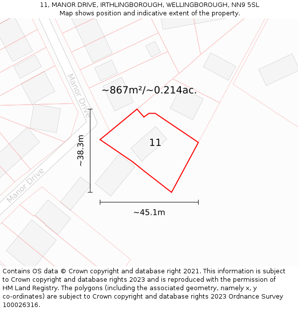 11, MANOR DRIVE, IRTHLINGBOROUGH, WELLINGBOROUGH, NN9 5SL: Plot and title map