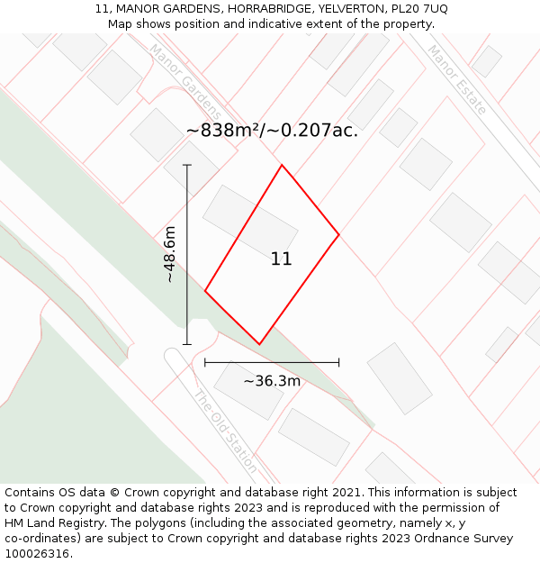 11, MANOR GARDENS, HORRABRIDGE, YELVERTON, PL20 7UQ: Plot and title map