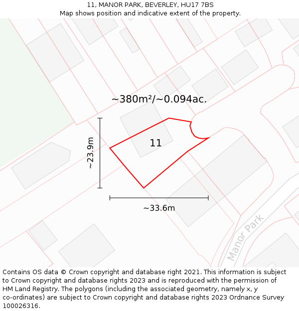 11, MANOR PARK, BEVERLEY, HU17 7BS: Plot and title map