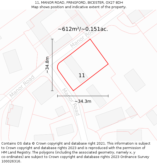 11, MANOR ROAD, FRINGFORD, BICESTER, OX27 8DH: Plot and title map