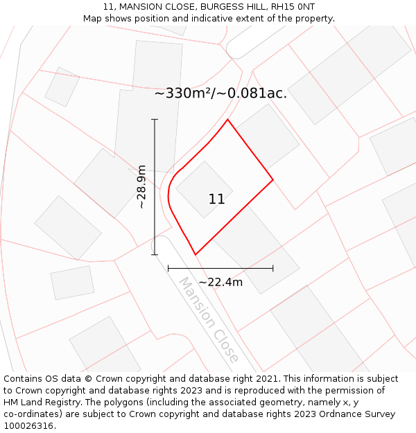 11, MANSION CLOSE, BURGESS HILL, RH15 0NT: Plot and title map