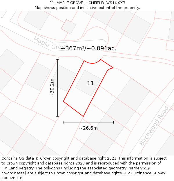 11, MAPLE GROVE, LICHFIELD, WS14 9XB: Plot and title map