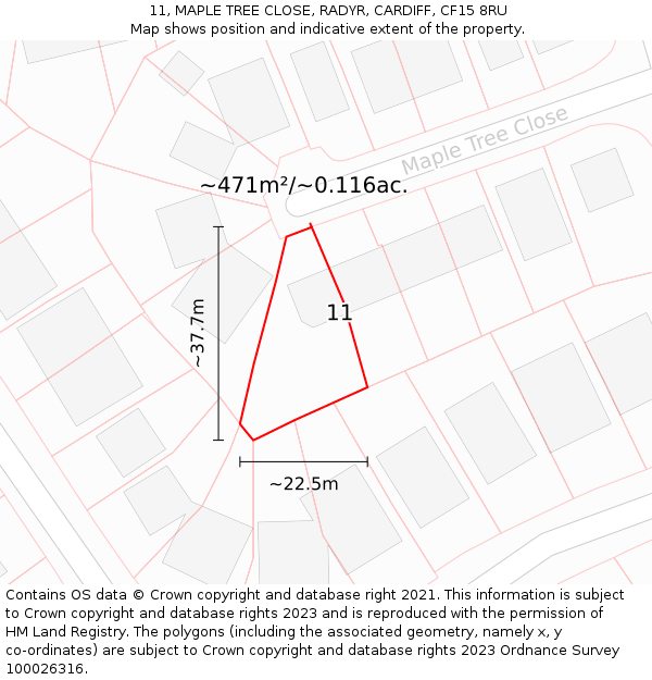 11, MAPLE TREE CLOSE, RADYR, CARDIFF, CF15 8RU: Plot and title map