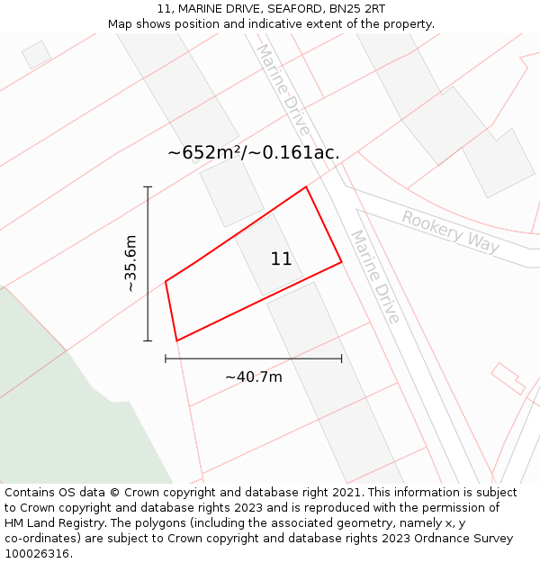 11, MARINE DRIVE, SEAFORD, BN25 2RT: Plot and title map