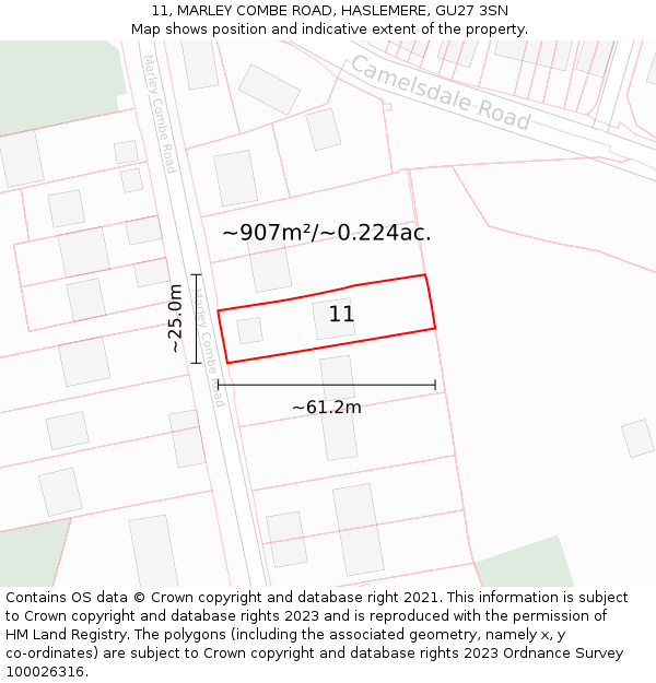 11, MARLEY COMBE ROAD, HASLEMERE, GU27 3SN: Plot and title map