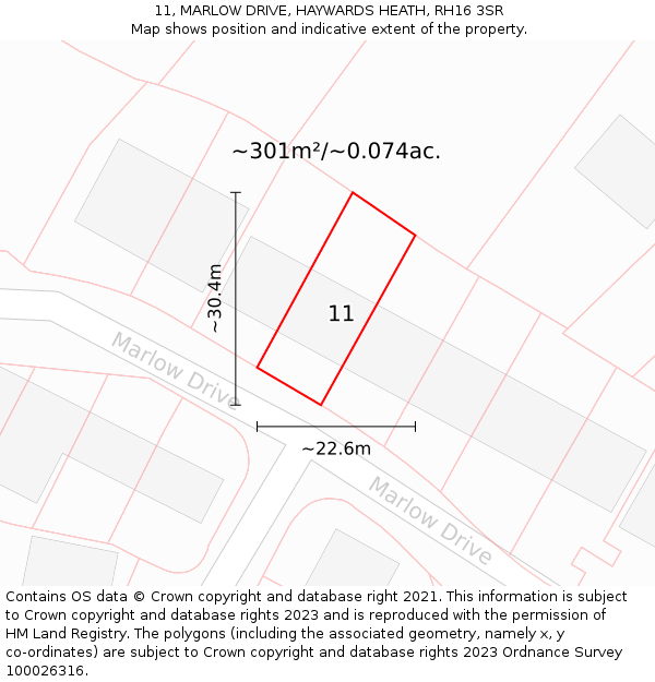 11, MARLOW DRIVE, HAYWARDS HEATH, RH16 3SR: Plot and title map