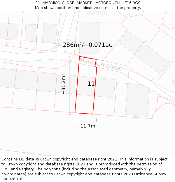 11, MARMION CLOSE, MARKET HARBOROUGH, LE16 9GS: Plot and title map
