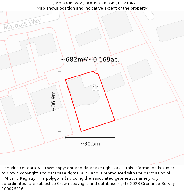 11, MARQUIS WAY, BOGNOR REGIS, PO21 4AT: Plot and title map