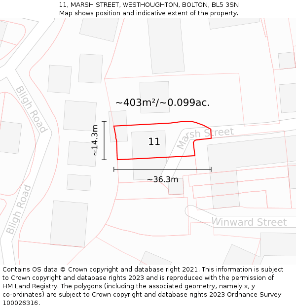 11, MARSH STREET, WESTHOUGHTON, BOLTON, BL5 3SN: Plot and title map