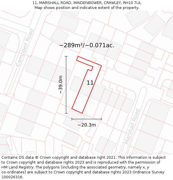 11, MARSHALL ROAD, MAIDENBOWER, CRAWLEY, RH10 7UL: Plot and title map