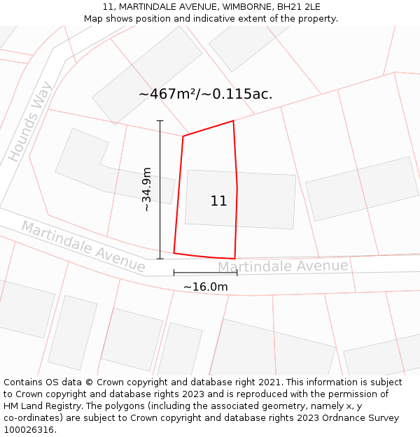 11, MARTINDALE AVENUE, WIMBORNE, BH21 2LE: Plot and title map