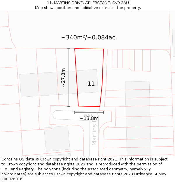 11, MARTINS DRIVE, ATHERSTONE, CV9 3AU: Plot and title map