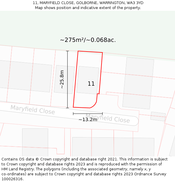 11, MARYFIELD CLOSE, GOLBORNE, WARRINGTON, WA3 3YD: Plot and title map