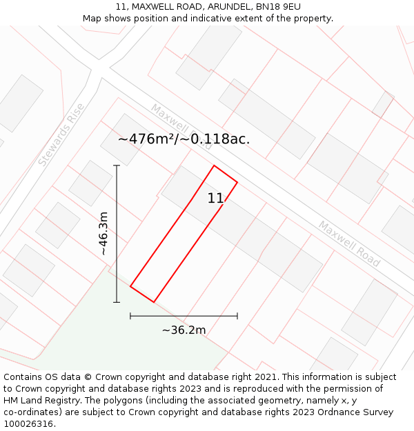 11, MAXWELL ROAD, ARUNDEL, BN18 9EU: Plot and title map